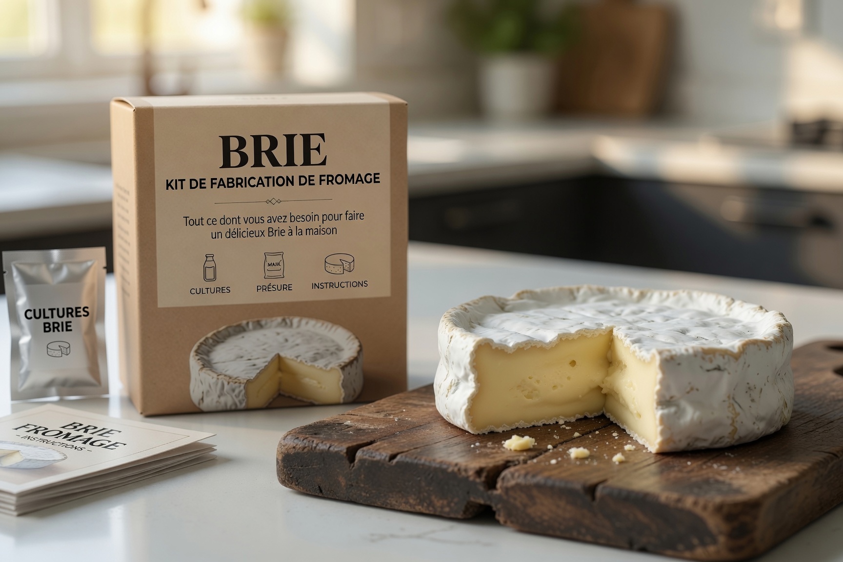 Meule de brie maison à croûte fleurie, coupée pour laisser couler le cœur crémeux